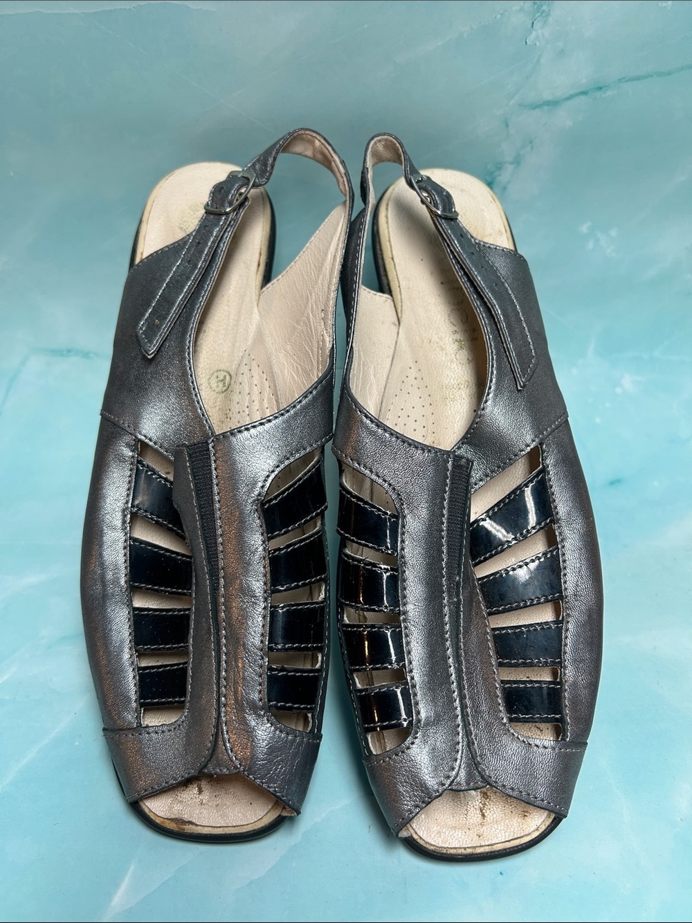 Women's Metallic Gray Slingback Sandals - Comfortable Open-Toe Shoes leather